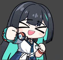a cartoon drawing of a girl with green hair and headphones
