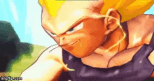 a close up of a pixel art of a dragon ball z character in a black shirt .