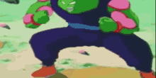 a cartoon character with green and pink arms is standing on a rock .