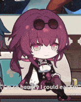 a girl with purple hair and sunglasses says i 'm so hungry i could eat so