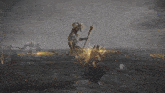 a painting of a man and a demon fighting in a desert