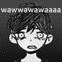 a black and white drawing of a boy with a surprised look on his face and the words wawwawawawaaa .