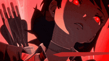 a girl with red eyes is holding a sword and arrows