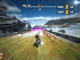 a video game shows a man riding a motorcycle with the numbers 2 and 8 on the bottom