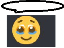 a pixel art of a smiley face with tears coming out of its eyes and a speech bubble above it .