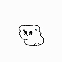 a black and white drawing of a small white dog with blue eyes and a sad look on its face .