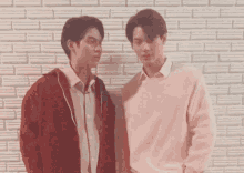 two men standing next to each other in front of a brick wall .