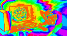 a colorful drawing of a person looking at a computer