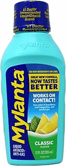 a bottle of mylanta liquid antacid with lemon slices on it .