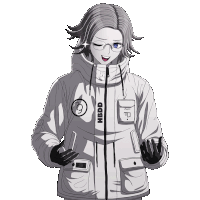 a person wearing a white jacket that says hbdd on it