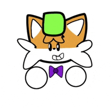 a cartoon drawing of a cat with a green hat and a purple bow tie .