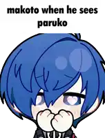 a cartoon of a boy with blue hair and the words makoto when he sees paruko on the bottom