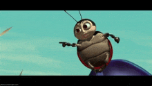 a cartoon ladybug is sitting on a blue object and pointing at something
