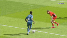 a soccer player with the number 19 on his jersey is kicking the ball