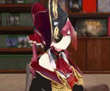 a girl with red hair and a pirate hat is sitting in front of a shelf with xbox boxes on it