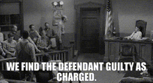 a group of people sitting in a courtroom with the words we find the defendant guilty as charged above them
