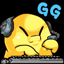 a yellow cartoon character wearing headphones is sitting at a keyboard with the word gg above him