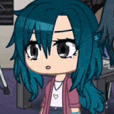 a close up of a cartoon character with blue hair and a heart necklace .