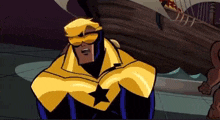 a cartoon of a man in a yellow superhero costume