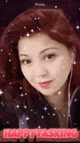 a picture of a woman with the words happy tasking on the bottom right