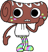 a cartoon character with a swirl on his head and colorful socks