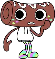 a cartoon character with a swirl on his head and colorful socks