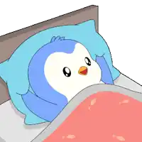 a cartoon of a penguin laying in bed with a blue pillow