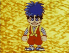a cartoon character with blue hair and a yellow shirt