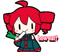 a cartoon girl with red hair is holding a green leaf and asking how eat