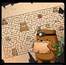 a cartoon of a teddy bear holding a map in front of a maze