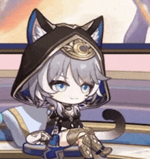 a girl with cat ears is sitting on a chair