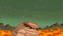 a cartoon character is standing in a volcano .