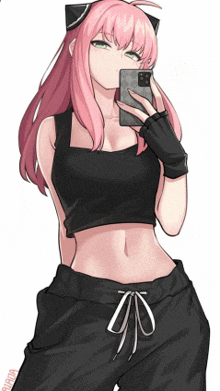 a girl with pink hair is taking a picture of herself with her phone