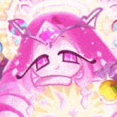 a close up of a cartoon character with pink hair