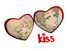a couple of heart shaped mirrors with the word kiss below them