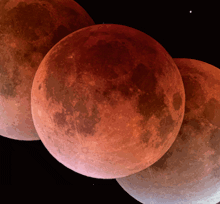 three stages of a lunar eclipse are shown in a row