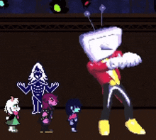 a group of cartoon characters are standing next to each other in a room .