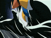 a close up of a cartoon character with a blue and yellow shirt on