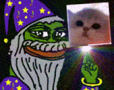 a painting of a wizard with a beard and a cat behind him
