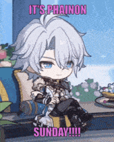 a cartoon character is sitting on a couch and says it 's phainon sunday