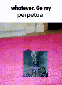 a picture of a statue on a pink rug with the words " whatever go my perpetua "