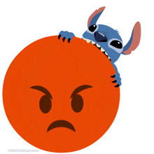 stitch is holding a large orange ball with an angry face on it