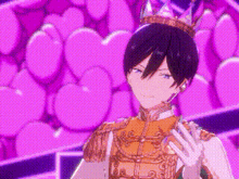 a man wearing a crown and gloves is standing in front of a pink background .