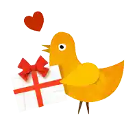 a yellow bird is holding a white gift box with a red bow