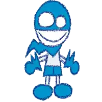 a blue and white drawing of a man with a crown