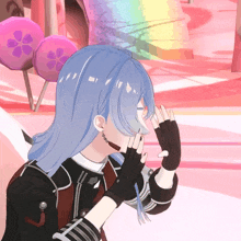 a cartoon character with long blue hair covering his face