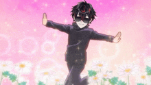 a boy wearing sunglasses is standing in a field of daisies with his arms outstretched