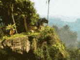 a dinosaur is sitting on top of a rocky cliff surrounded by trees