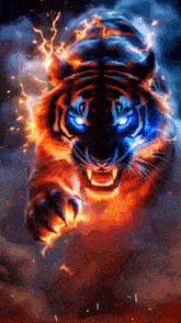 a tiger with blue eyes is surrounded by flames .