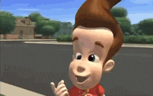 jimmy neutron is giving a thumbs up while wearing a red shirt with the letter o on it